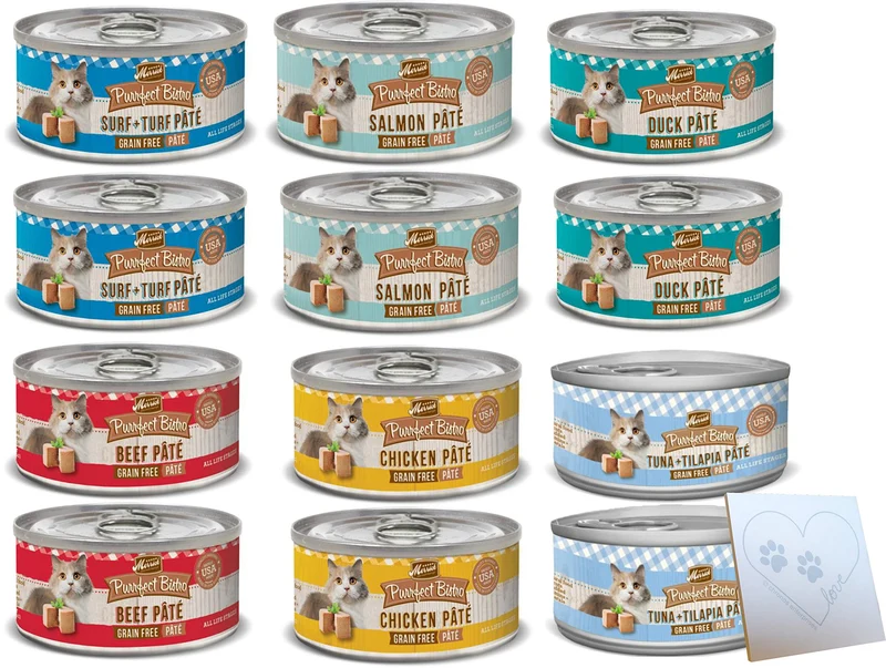 Pack Variété Merrick Purrfect Bistro – 6 Saveurs pour Chat (12 boîtes 3 oz) Sans céréales + Carnet Pet Paws