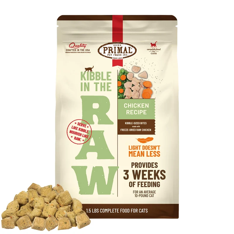 Primal Kibble dans le cru – Nourriture sèche pour chat lyophilisée au poulet, prête à servir, protéines crues et ingrédients entiers, fabriquée aux États‑Unis, sachet 24 oz