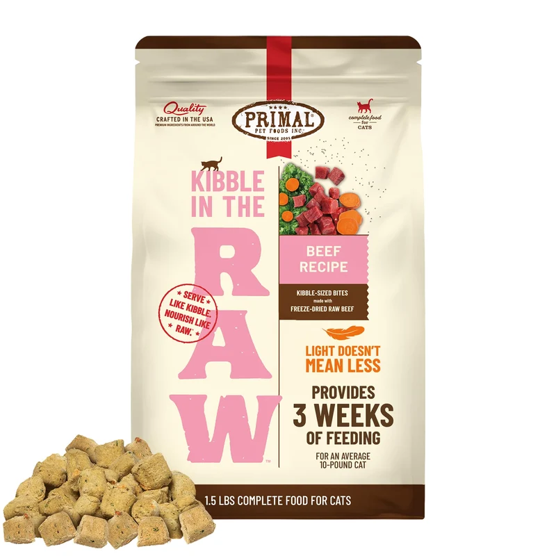 Primal Kibble dans l'état cru – Nourriture sèche pour chat au bœuf, lyophilisée, prête à servir, protéines crues et ingrédients entiers, fabriquée aux États-Unis, sachet 680 g