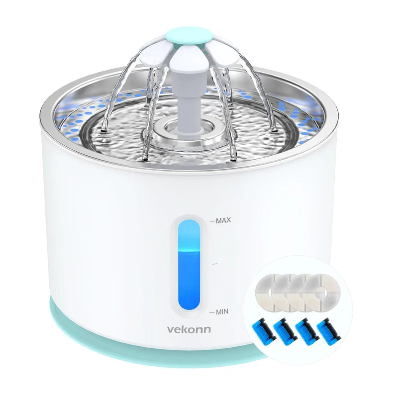 Vekonn Fontaine d'eau pour chat en inox – LED, 4 filtres et 4 éponges, 360°