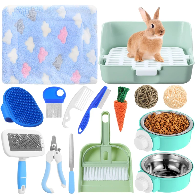Reallnaive Kit Débutant Lapin 15 Pièces – Litière, Accessoires Soins, Jouets et Couverture Verte
