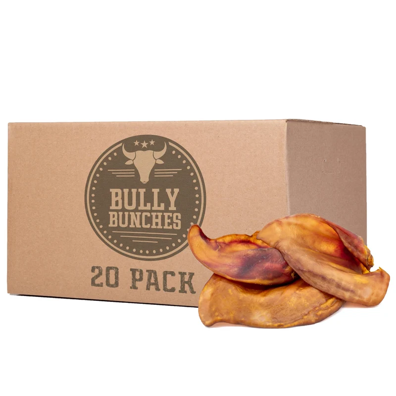 Bully Bunches Grandes Oreilles de Porc Entières pour Chiens | Porc élevé en plein air, cuit au four | Digestible et sans additifs | Lot de 20 pièces