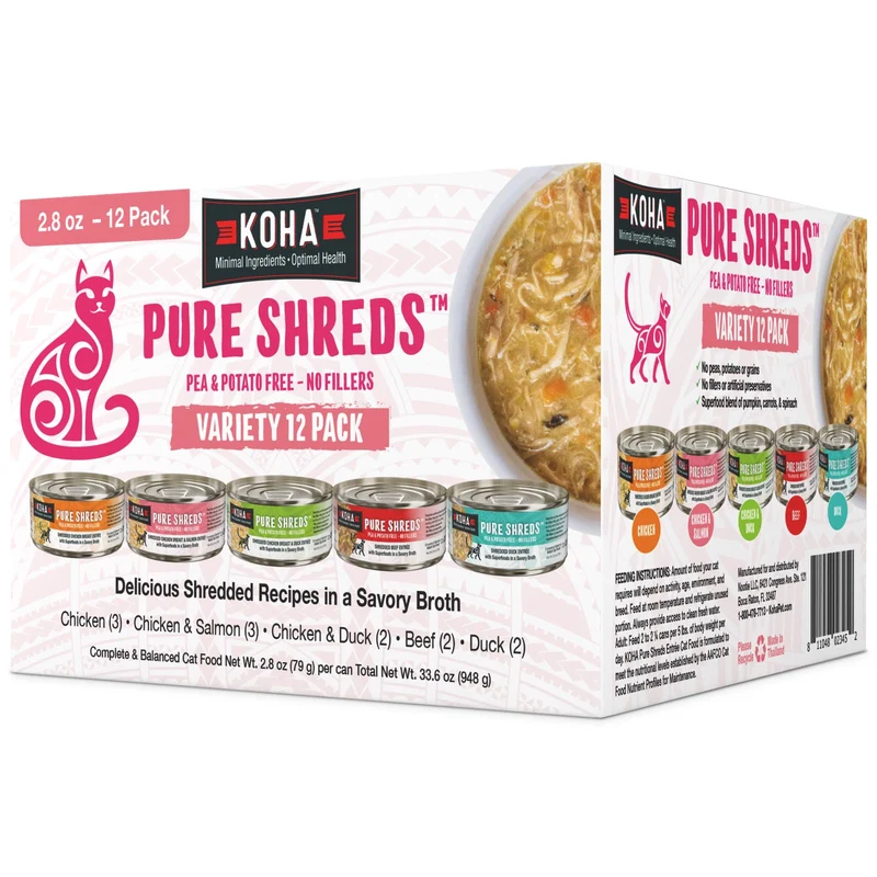 KOHA Pure Shreds – Variété pour chats, 5 saveurs, 2,8 oz, lot de 12