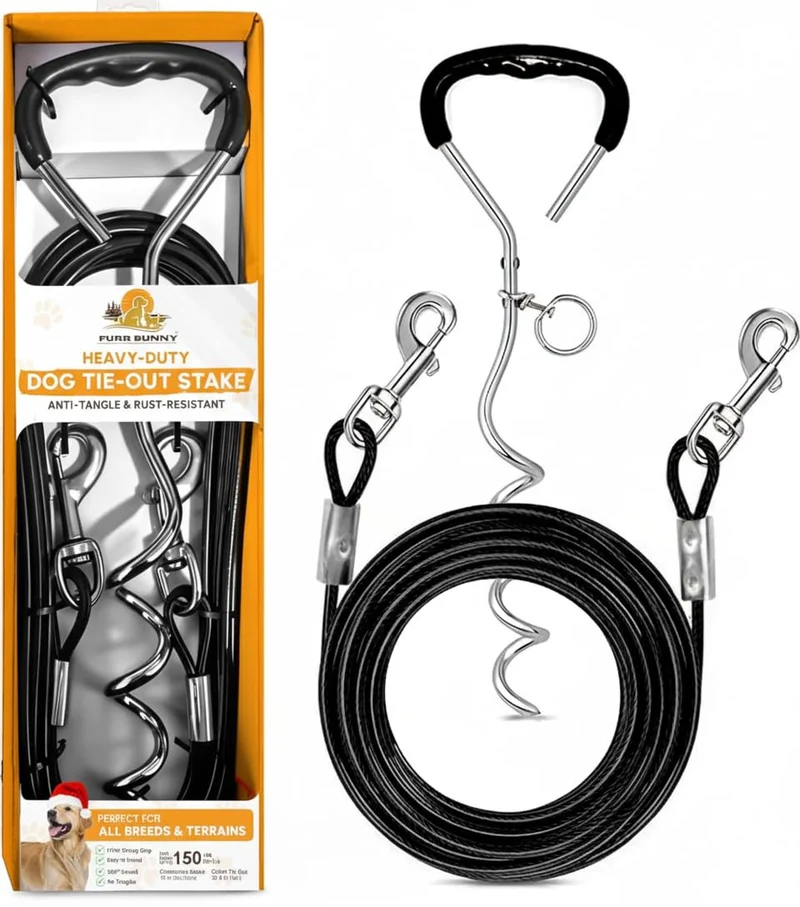 FURR BUNNY Piquet d’ancrage + Câble Chien 30 ft – Jusqu'à 150 lb, Anti-Enchevêtrement, Rotatif 360°, Installation Sans Outils