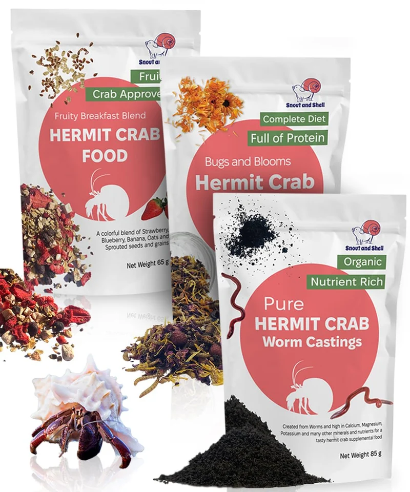 Snout and Shell Pack Variété Nourriture Hermit Crab – Fruité Petit Déjeuner, Insectes & Fleurs et Vers Bio