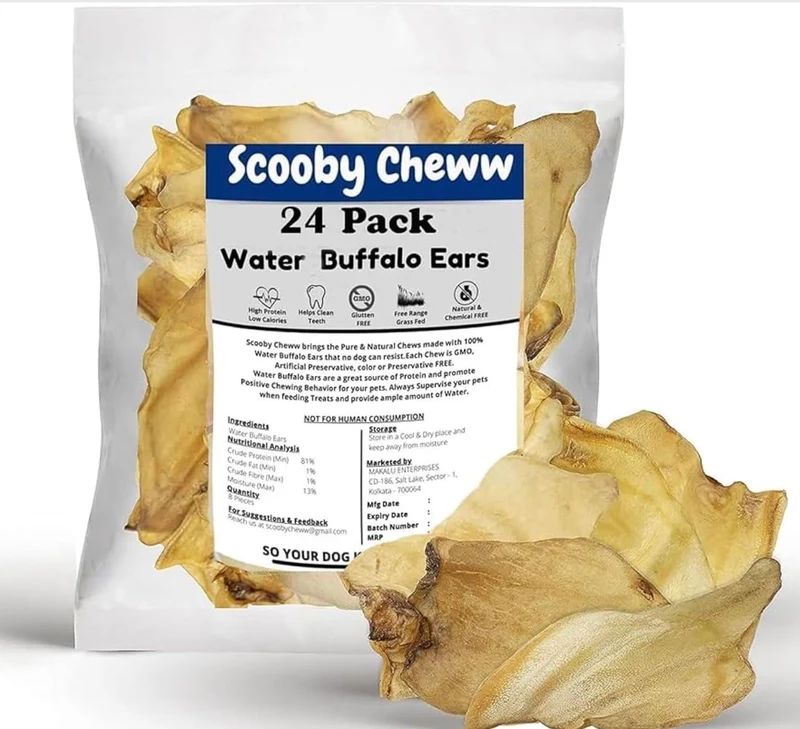 Scooby Cheww – Oreilles de buffle élevées en pâturage, friandises protéinées pour chiens (24 paquets)