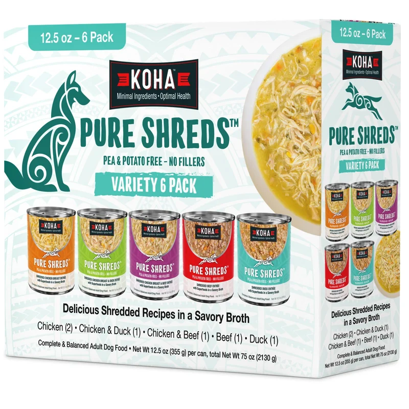 KOHA Pure Shreds — Ensemble Varié pour Chiens, 6 Boîtes de 354 g, 5 Saveurs Protéinées