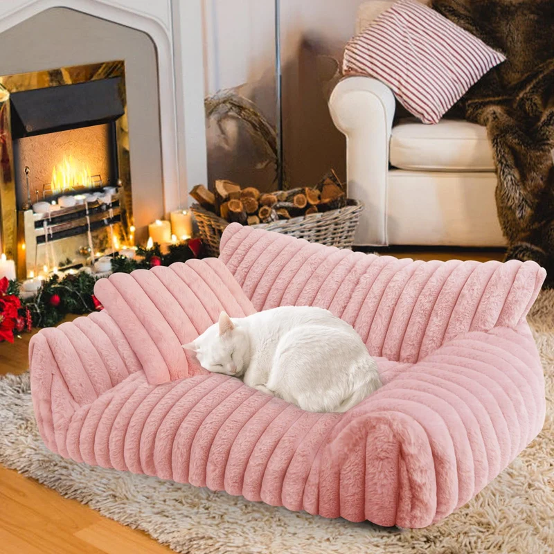 Wn's Day Canapé Chat Rose — Couchage Doux en Corduroy, Housse Lavable (24x18x10 cm)