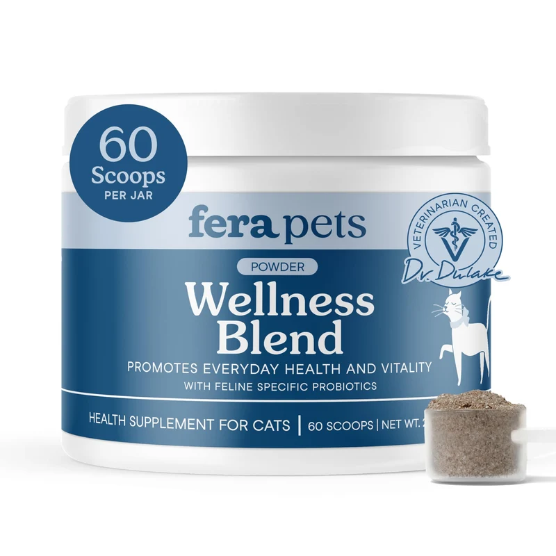 Fera Pets Wellness Blend – Probiotiques félins, Taurine et Lysine – Soutien des articulations, immunité et vessie – Poudre – 60 dosettes