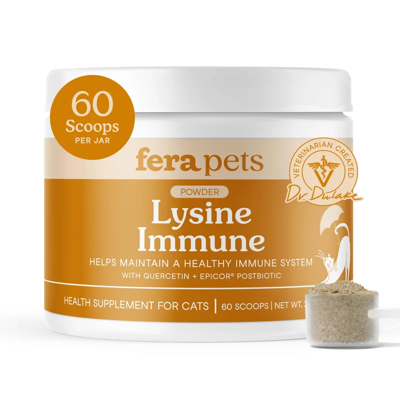 Fera Pets Lysine Poudre pour Chats – Soutien Immunitaire avec Quercétine & Postbiotiques – Santé Respiratoire et Œil – 60 Dosettes