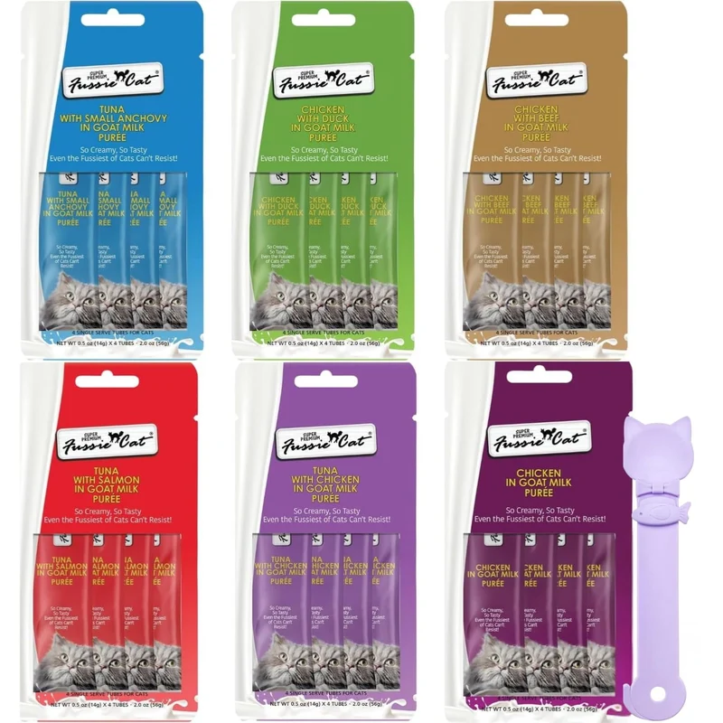 Fussie Cat Friandises Supérieures au Lait de Chèvre – Purée Crémeuse, 6 Saveurs, 6 Paquets de Tubes