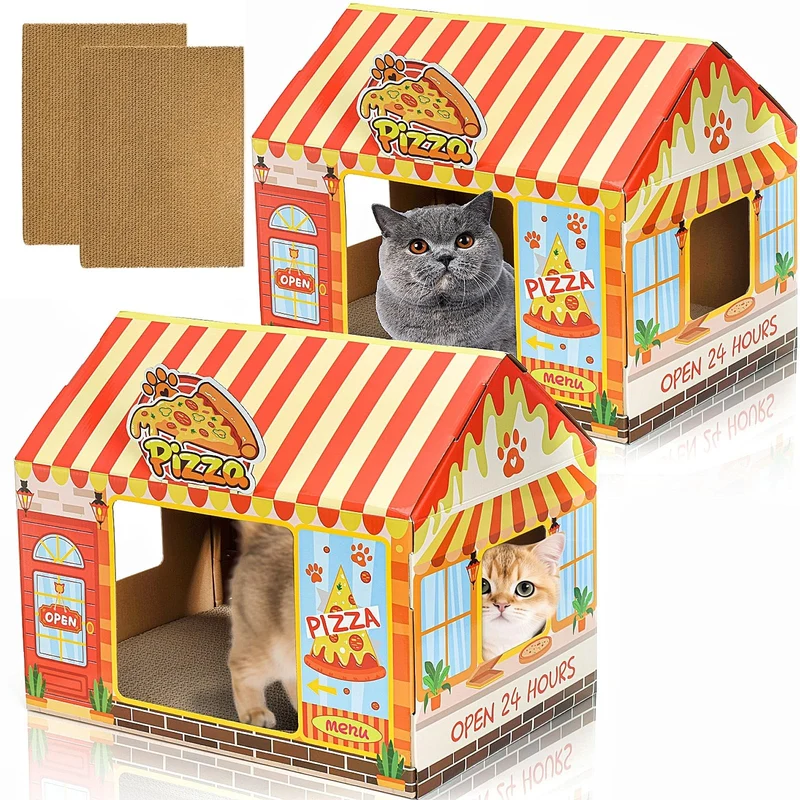 Tlence 2 Pack – Maisons Chat en Carton avec Grattoir | Cabane Pizza Shop pour Chats d'Intérieur