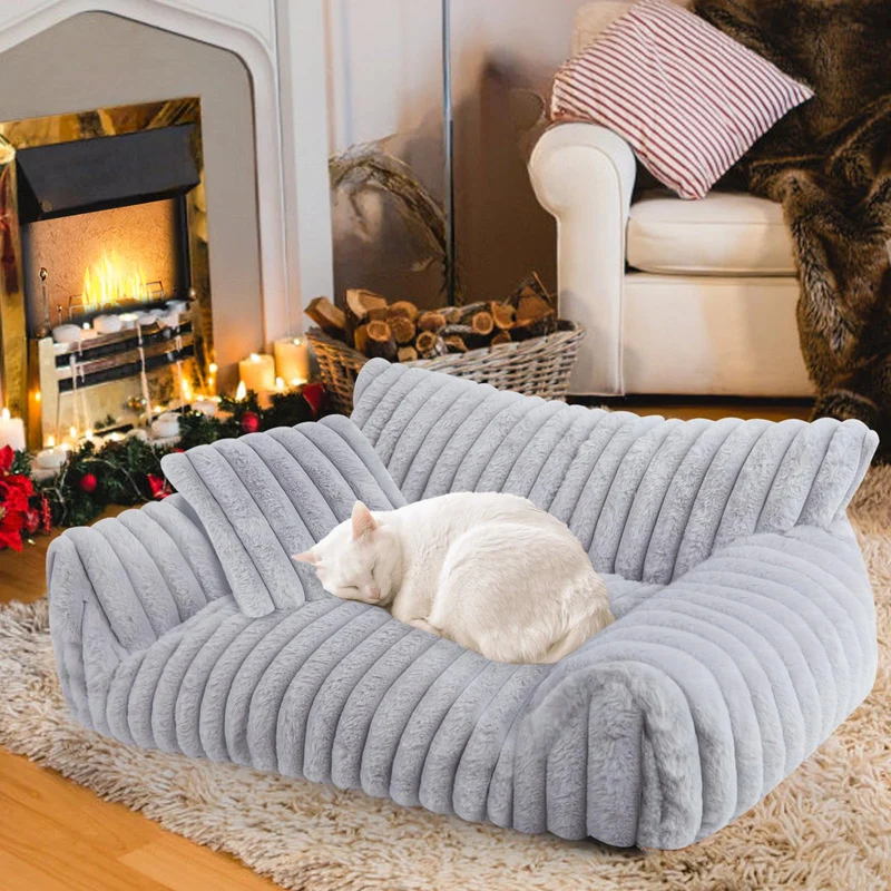 Canapé-Lit pour Chat et Petit Chien - Wn's Day, Velours Côtelé Doux Gris, 30x20x10