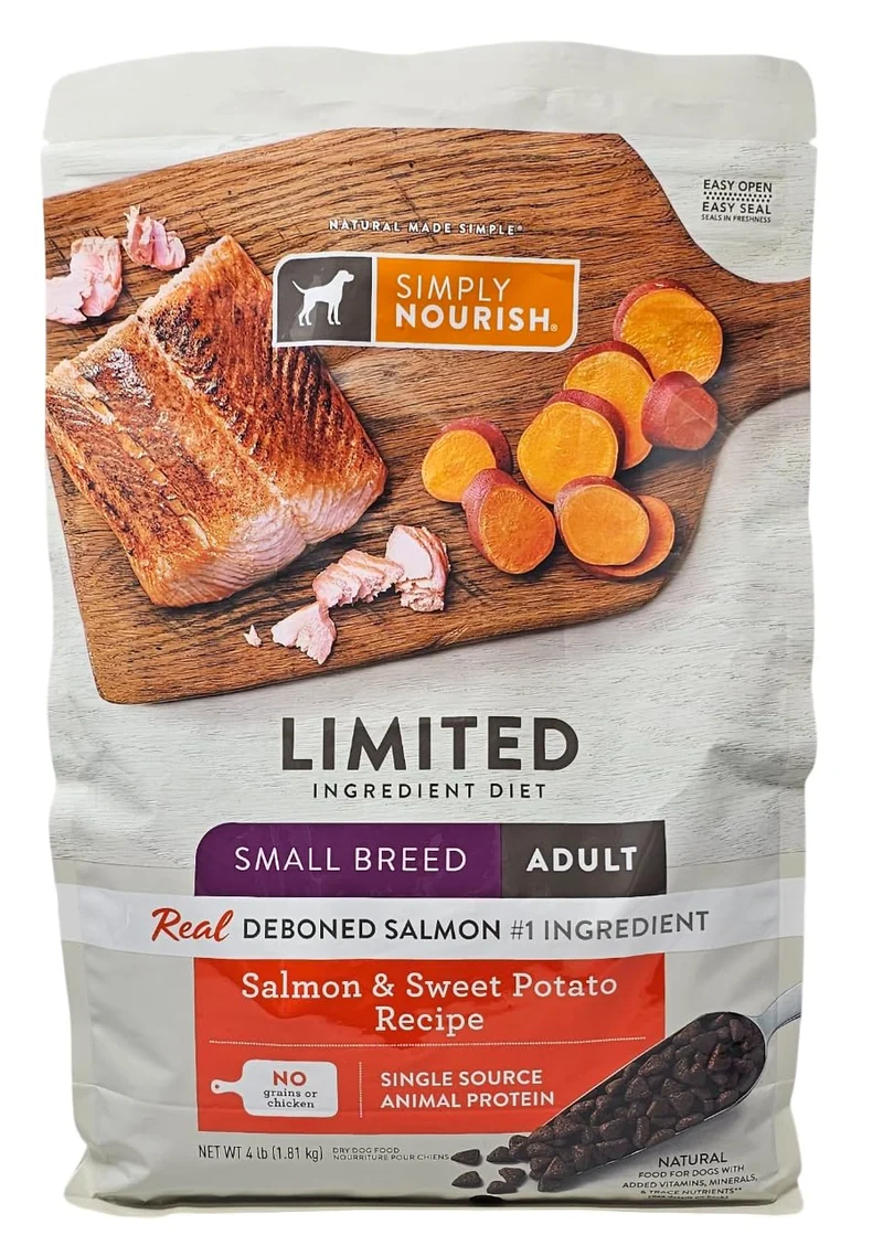 SIMPLY NOURISH Croquettes pour petit chien adulte au saumon et patate douce – Sac 4 livres