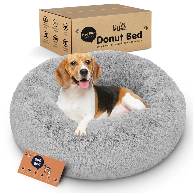Petloox Donut Nid Chien Gris — Confort Premium et Apaisement pour l’Anxiété | Nid Rond Ultra-Doux