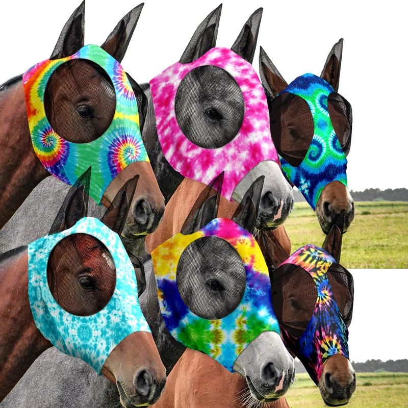 Chunful – Lot de 6 Masques Anti-Mouches pour Chevaux avec Oreilles, Mesh Respirant et UV, Tie-Dye, Taille Moyen