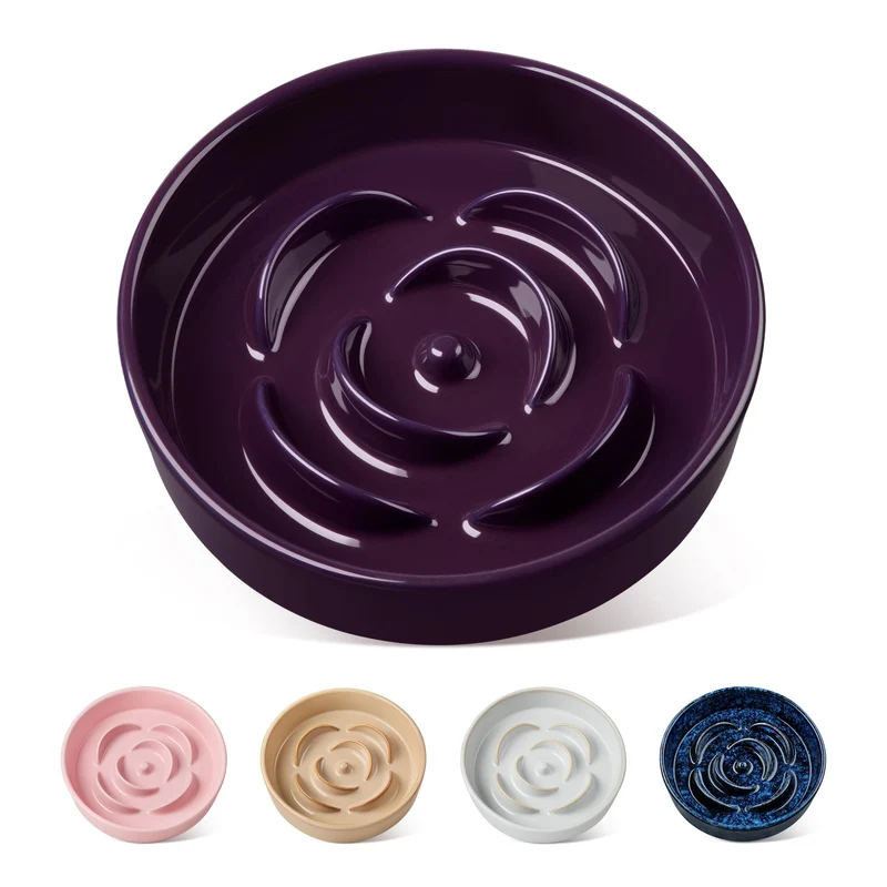 Vancasso Bol Alimentation Lente en Céramique – Petits Chiens et Chats, 0,6 Tasse (≈140 ml), Violet Foncé