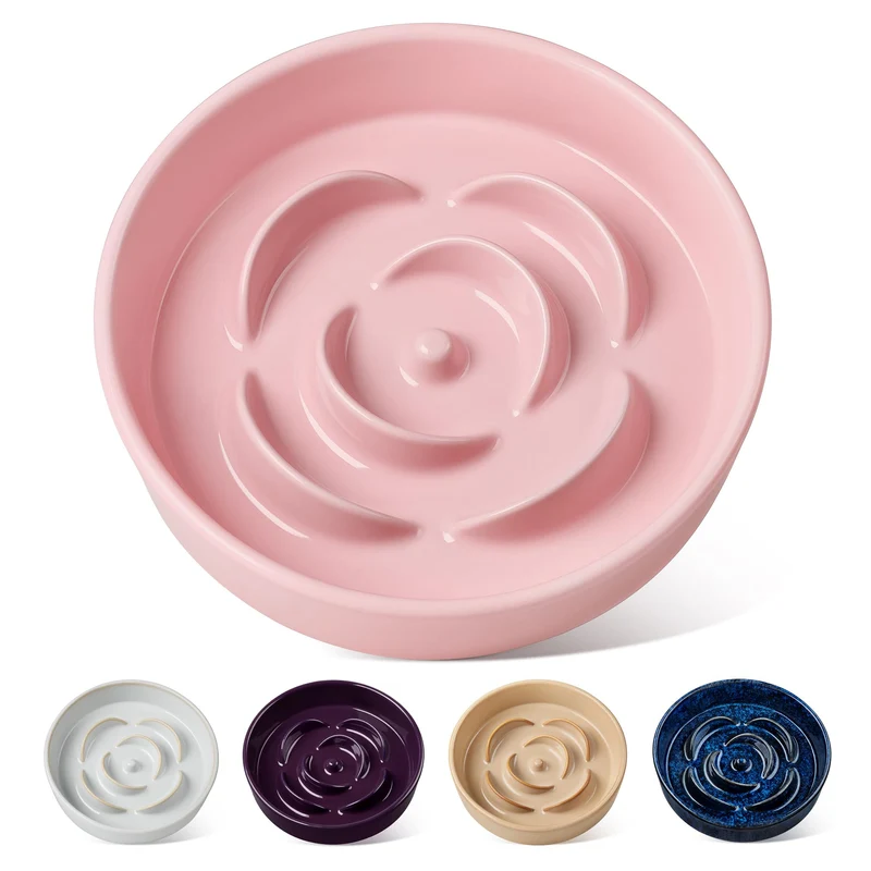 Vancasso Bol Lent en Céramique – 1,5 Tasses, Pour Chiens et Chats de Taille Moyenne, Rose