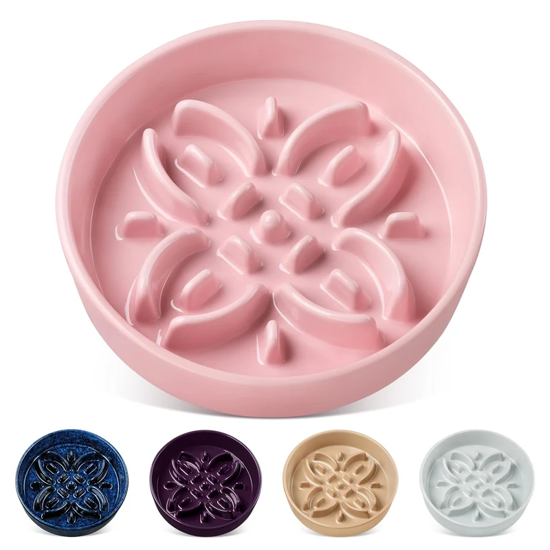 Vancasso Bol Céramique Slow Feeder pour Chiens Moyens – 1,5 Tasses, Motif Floral Rose, Antidérapant