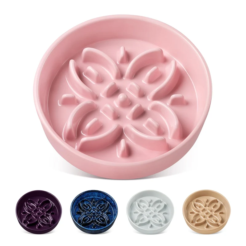 Vancasso Bol Lent en Céramique pour Petits Chiens – Labyrinthe Floral, Antidérapant, 0,6 tasse, Rose