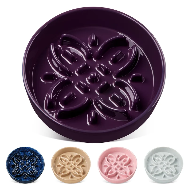 Vancasso Bol en Céramique Lent pour Chien Moyen – Labyrinthe Floral Puzzle, Anti-Dérapant, 1,5 Tasses, Violet