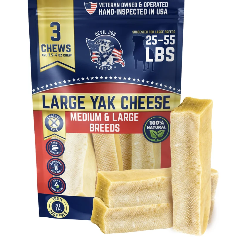 Devil Dog Pet Co - Os de Yak au Fromage Grand Pack 3 pour Mâchoires Fortes - Sans Odeur, Friandises Himalayennes Longue Durée, 4 Ingrédients