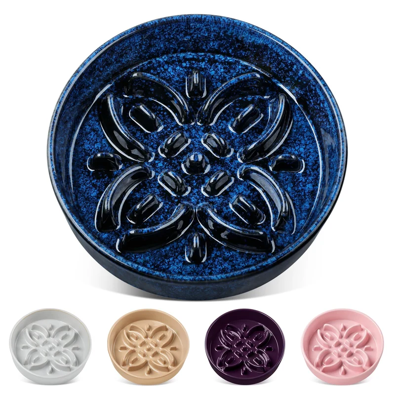 Vancasso Gamelle lente en céramique pour chiens – Labyrinthe floral, anti-glisse, 1,5 tasse, bleu