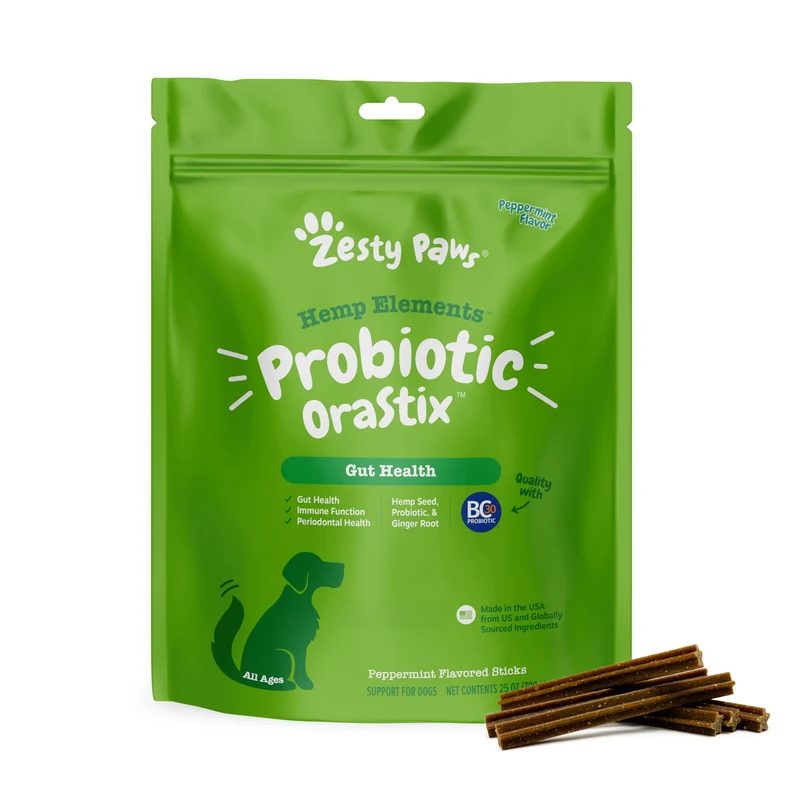 Zesty Paws OraStix pour chiens – Bâtons probiotiques avec graines de chanvre, gingembre et curcumine – Soutien du microbiote, flore et immunité, santé dentaire – 25 oz