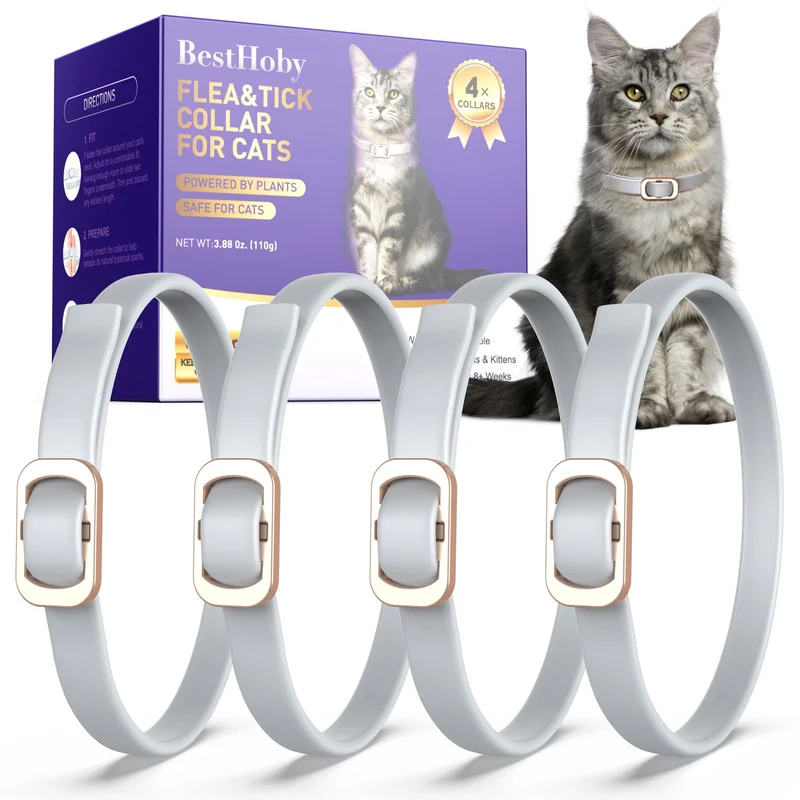 BestHoby Colier antipuces pour chats – Lot de 4, huiles végétales, étanche et ajustable (Gris)