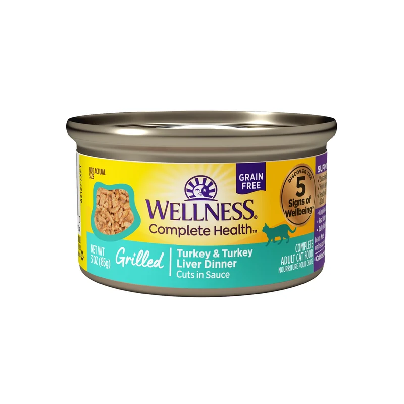 Wellness – Dinde Grillée et Foie, Alimentation Humide Sans Céréales pour Chat Adulte, Protéines Élevées, Boîtes de 3 onces (85 g), Lot de 12