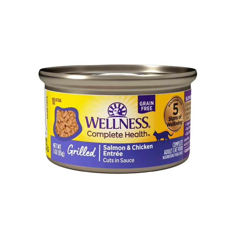 Wellness – Nourriture humide en conserve pour chat adulte, saumon et poulet grillés, sans céréales, riche en protéines, 85 g par boîte, pack de 12 boîtes