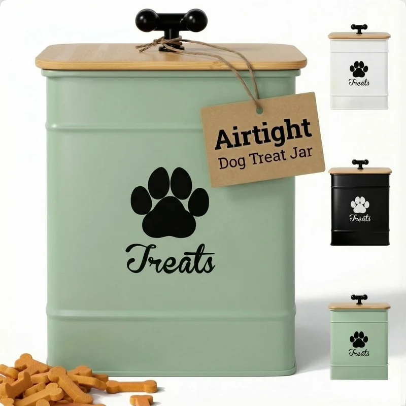 HB Design Co Contenant Hermétique pour Friandises Chien – Bocal en Fer 12 Tasses avec Couvercle en Bambou
