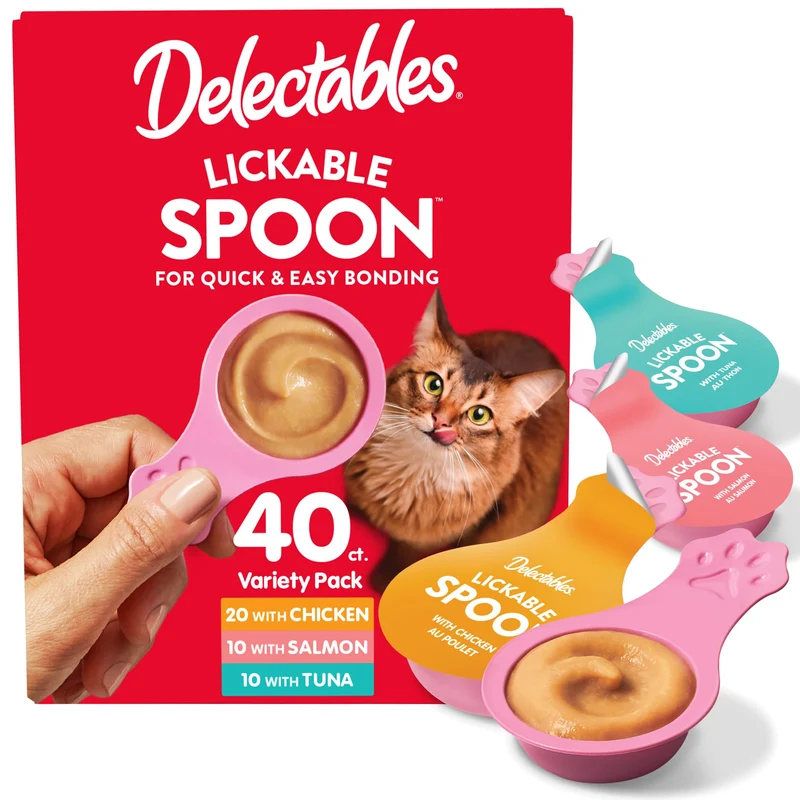 Delectables Lickable Spoon — Friandisses pour chat en cuillère, purée crémeuse au thon, sans céréales, lot varié 40 portions