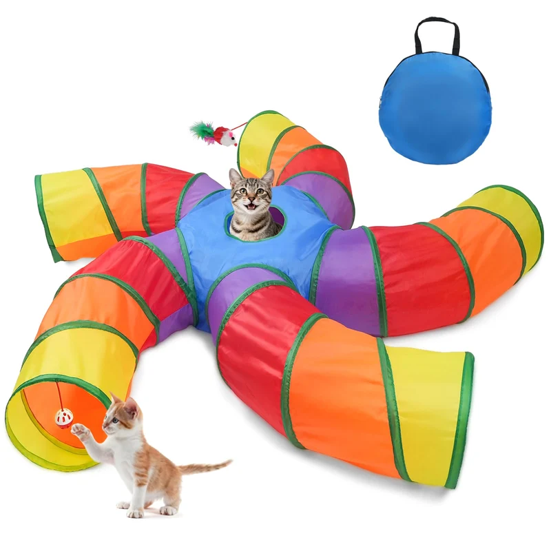 Joytale Tunnel Chat 5 Voies – Tunnel S pliable avec balle et souris (arc-en-ciel)