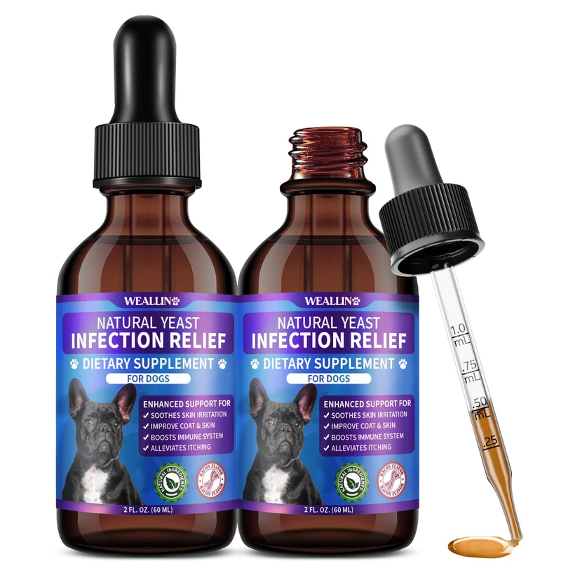WEALLIN – Traitement naturel des infections à levures chez le chien | Gouttes probiotiques à 8 herbes | Soin oreilles et peau | Saveur bacon – 2 pièces