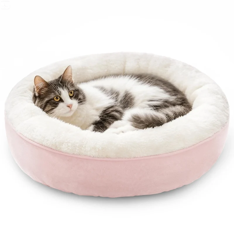 Love's cabin Lit Donut Rond Rose pour Chat et Petit Chien — 20 pouces, Fond Anti-Dérapant & Étanche, Tissu Ultra-Doux et Lavable