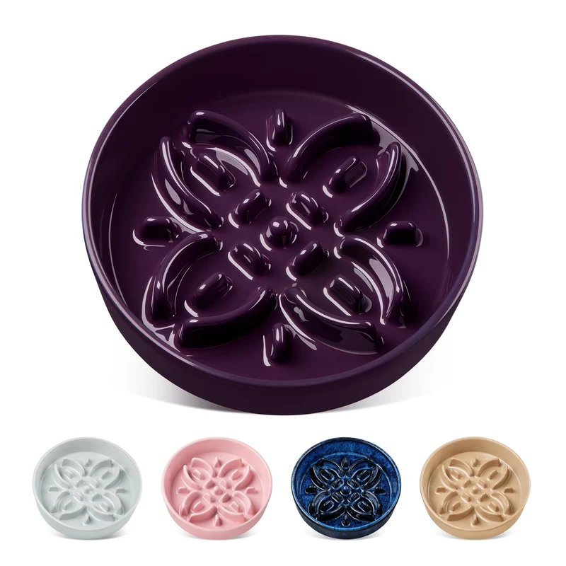 Vancasso Bol Lent en Céramique pour Chien – Puzzle Floral, 0,6 Tasse, Anti-Dérapant, Violet