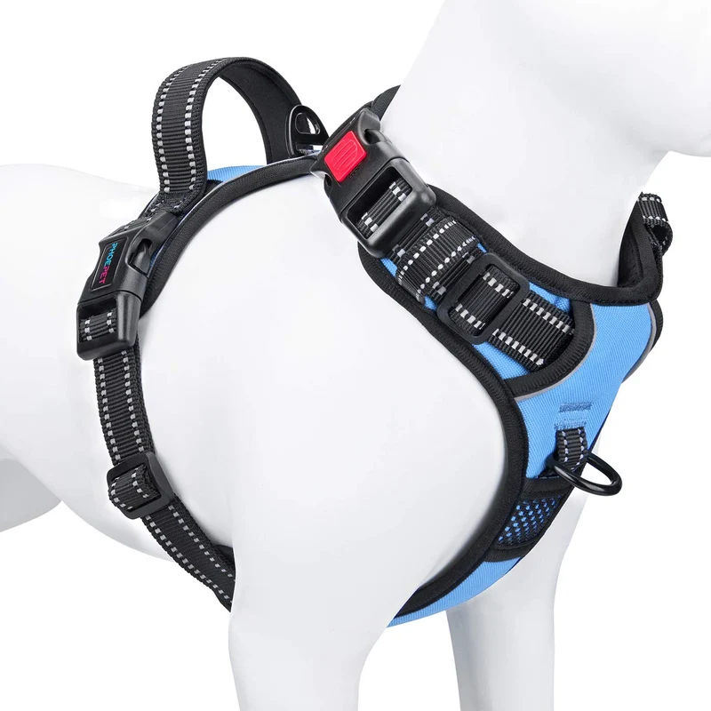 PHOEPET Harnais Chien Anti-Tirage 3M Réfléchissant — Taille L, Bleu Bébé, Poignée, Poche Identité, 2 Anneaux et 3 Boucles