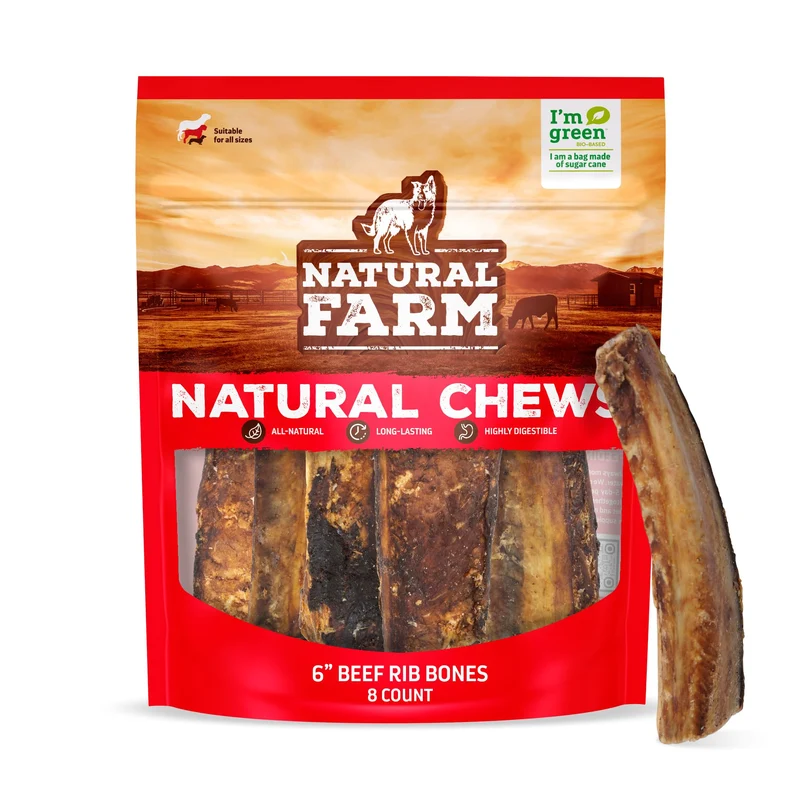 Natural Farm Os de Côtes de Boeuf pour Chiens (6 po, 8 pièces) – Rôti Lentement, Odeur Faible, Santé Dentaire
