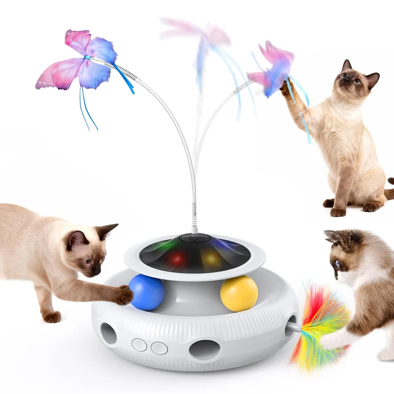 Pawtners — Jouet interactif 4 en 1 pour chat, rechargeable, papillon battant, billes sur rail et plume