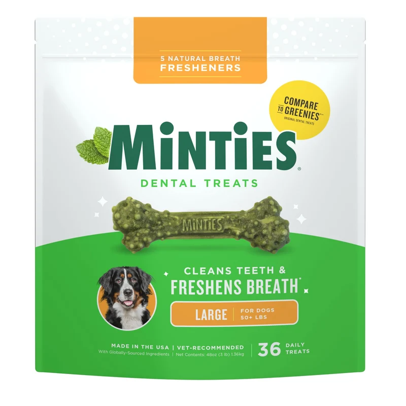 Minties Os Dentaires pour Chiens Grands (>50 lb) – 36 Friandises Sans Blé ni Maïs