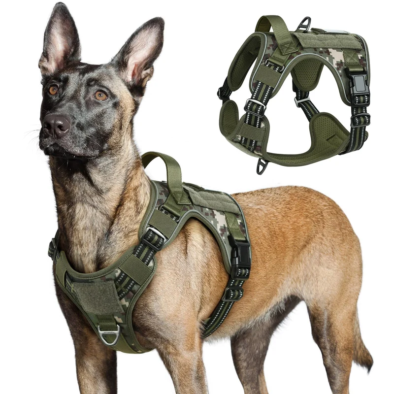 rabbitgoo Harnais Tactique pour Chiens de Grande Taille – Anti-Traction, Poignée, Molle, Vert Camouflage, Taille L