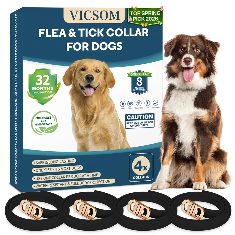 VICSOM - 4x Colliers anti-puces et tiques pour chiens | Réglables jusqu'à 26 pouces, Étanches, Protection longue durée