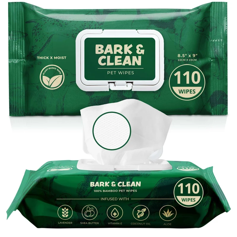 Lingettes Bark & Clean pour chiens — Lingettes en bambou compostables, hypoallergéniques, 2 packs de 110