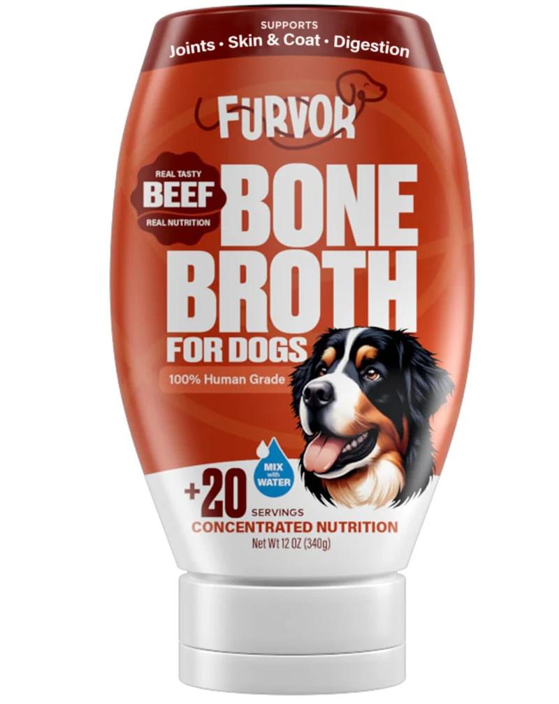 Furvor – Concentré de bouillon d’os de bœuf pour chiens | Protéines de collagène, digestion, mobilité, pelage et immunité – Qualité humaine, fabriqué aux États‑Unis (12 oz, 20 portions)