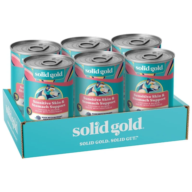 Solid Gold – Nourriture humide pour chien estomac sensible, poulet et saumon réels, sans céréales, probiotiques – 6 boîtes de 355 g