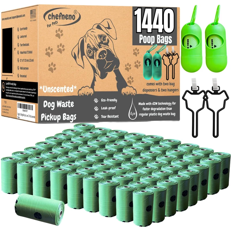 CHEFNENO Sacs Biodégradables pour Déjections Canines avec Distributeur — 1440 Sacs (72 Rouleaux), Sans Parfum, Écologiques