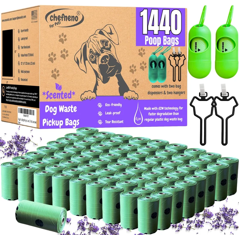 CHEFNENO Sacs Poubelle Chien Biodégradables avec Distributeur – 1440 Sacs, Parfum Lavande