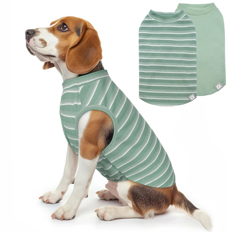 KYEESE 2-pièces chemises pour chien sans manches en maille-waffle – Vert et rayures, Tailles XXL