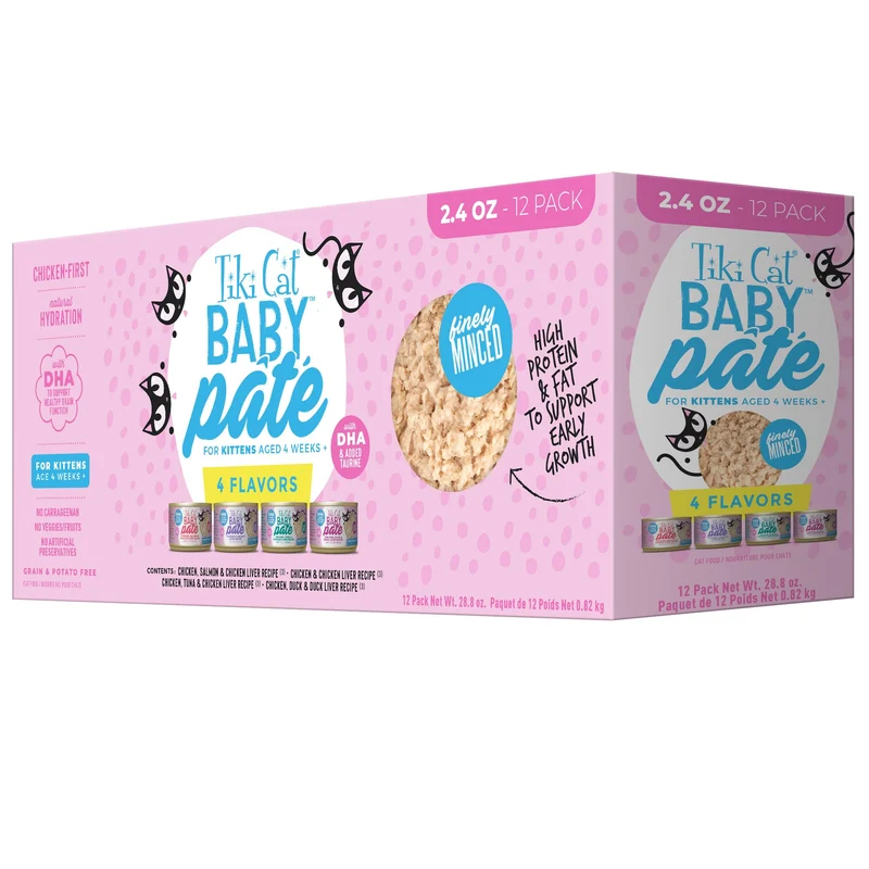 Tiki Cat Baby Pâté – Alimentation humide pour chatons 4+ semaines, Pack variété 12 boîtes de 2,4 oz